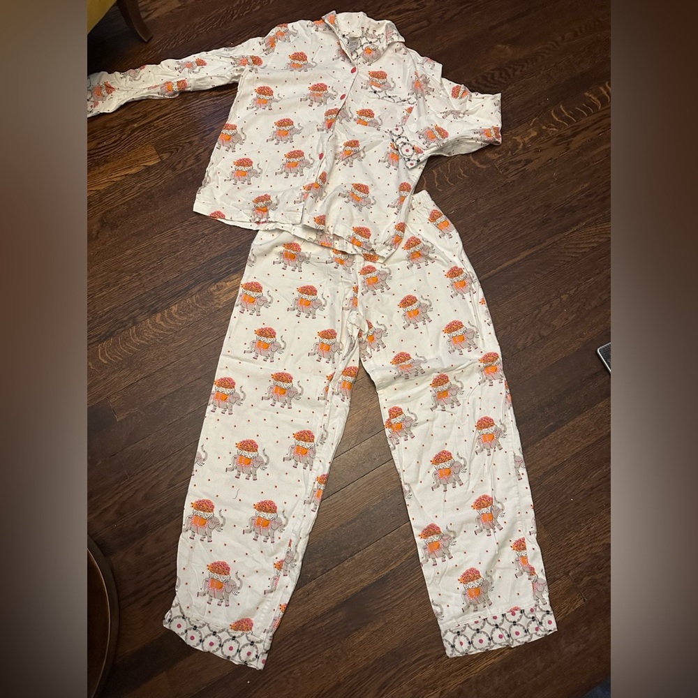 munki munki Cream Pajama Set with Orange & Pink Elephant Print